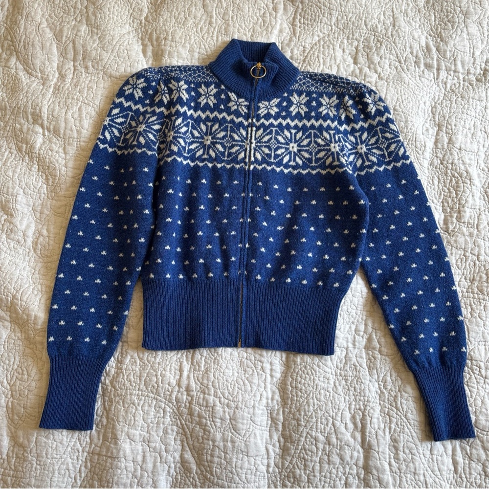 Tory Burch Elyse Zip-Front Cardigan 100% Wool Fair Isle Snowflake Size XS